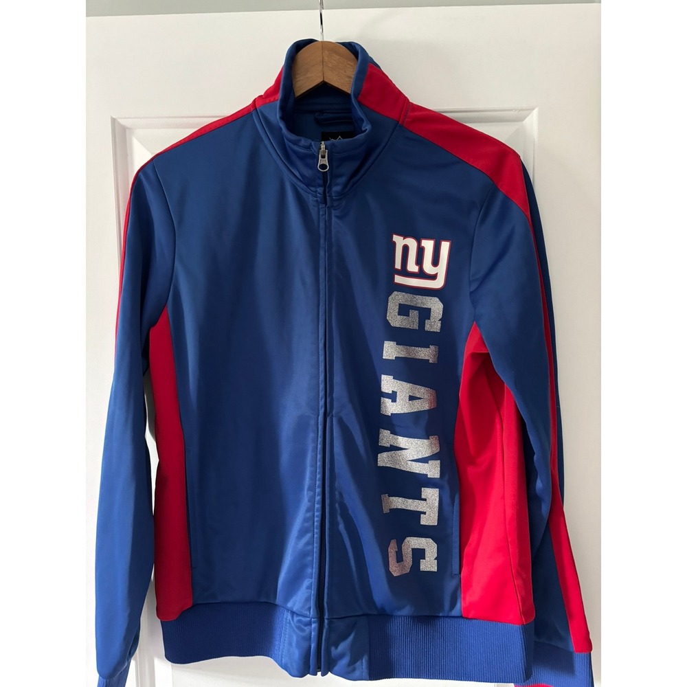 NFL Apparel New York Giants Track Jacket Womens L Blue Red Glitter Fleece Lined